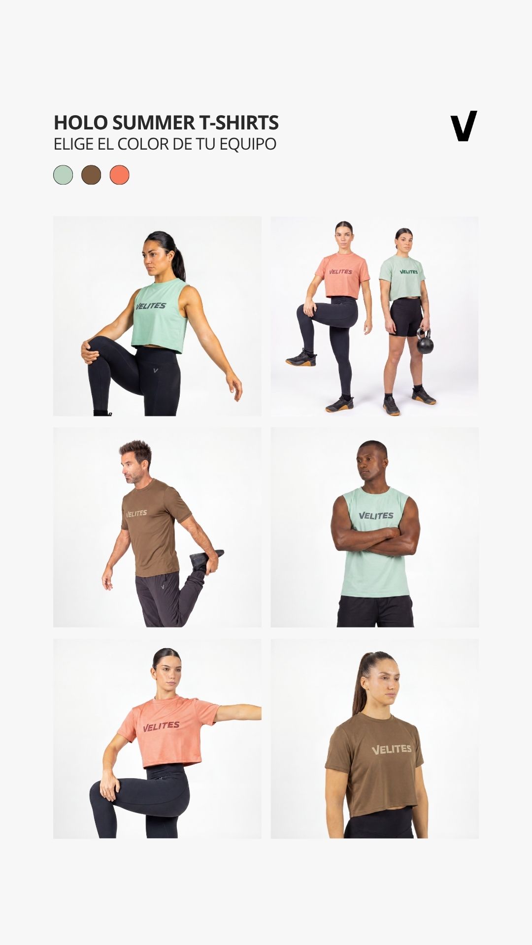 Atletas entrenando con las camisetas Velites HOLO Summer en verde menta, marrón y coral