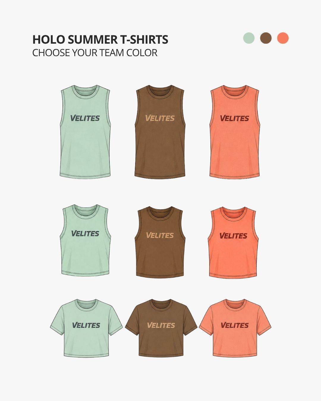 Los tres colores de la Velites HOLO Summer: verde menta, marrón y coral, en formatos tank, crop y camiseta