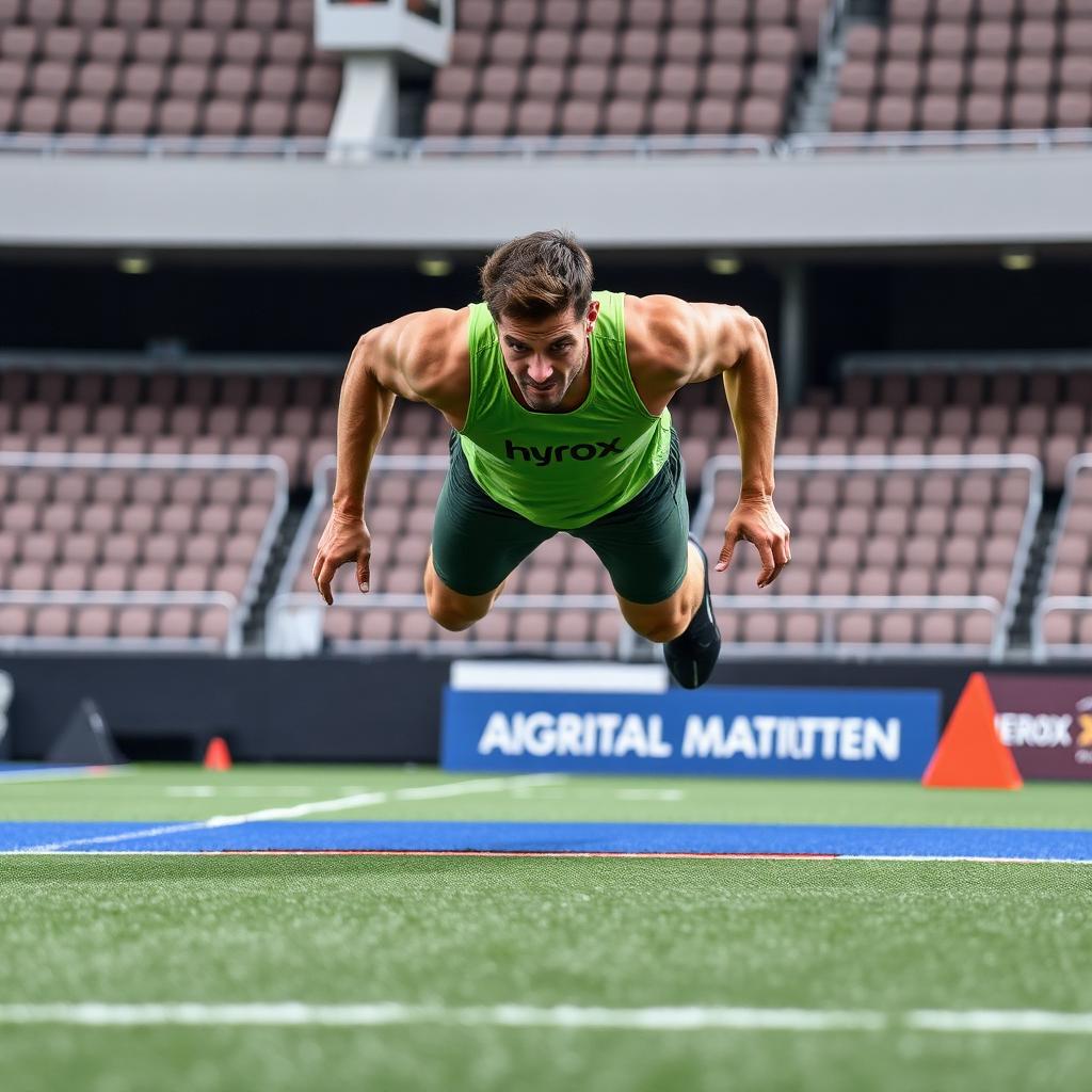 Atleta ejecutando burpee broad jump en una competición Hyrox