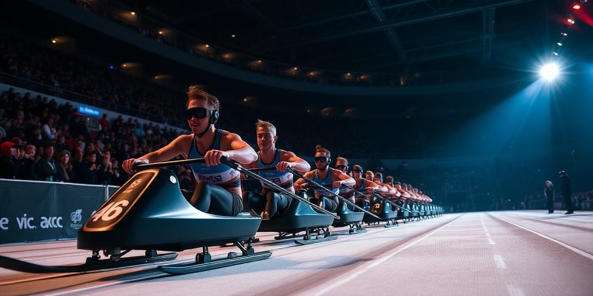 Atletas compitiendo en evento de Hyrox con ski erg en arena