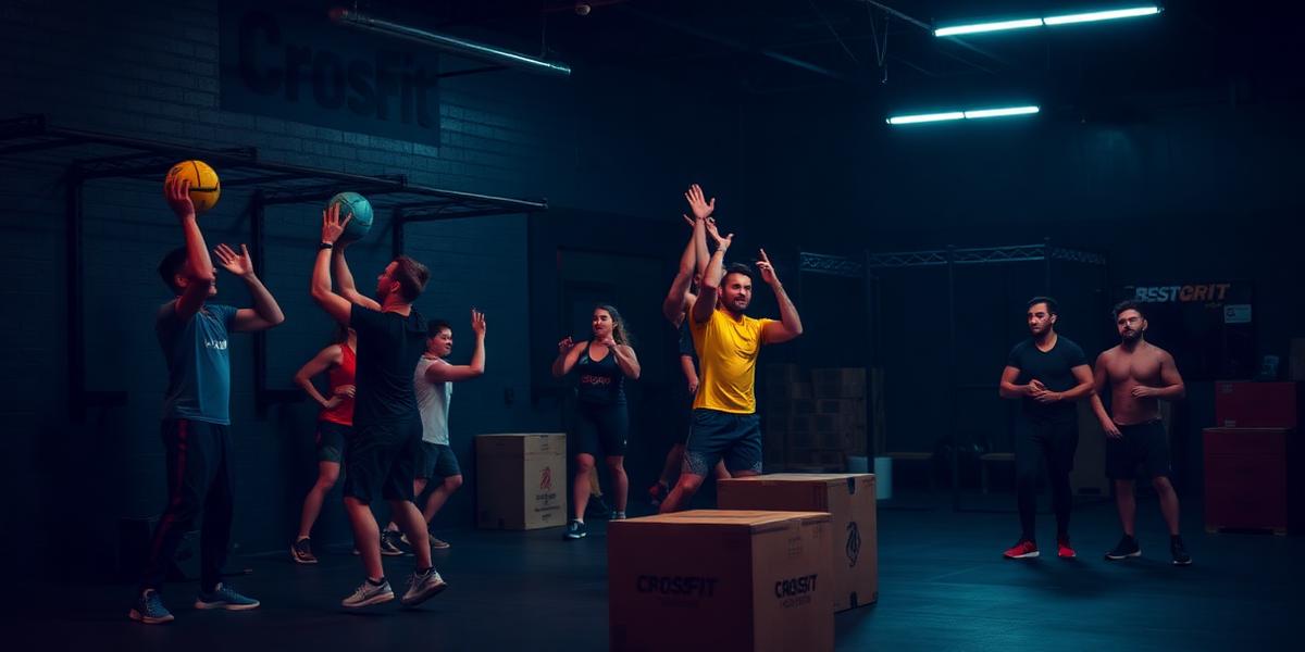 Atletas haciendo WOD grupal con wall balls y box jumps en CrossFit