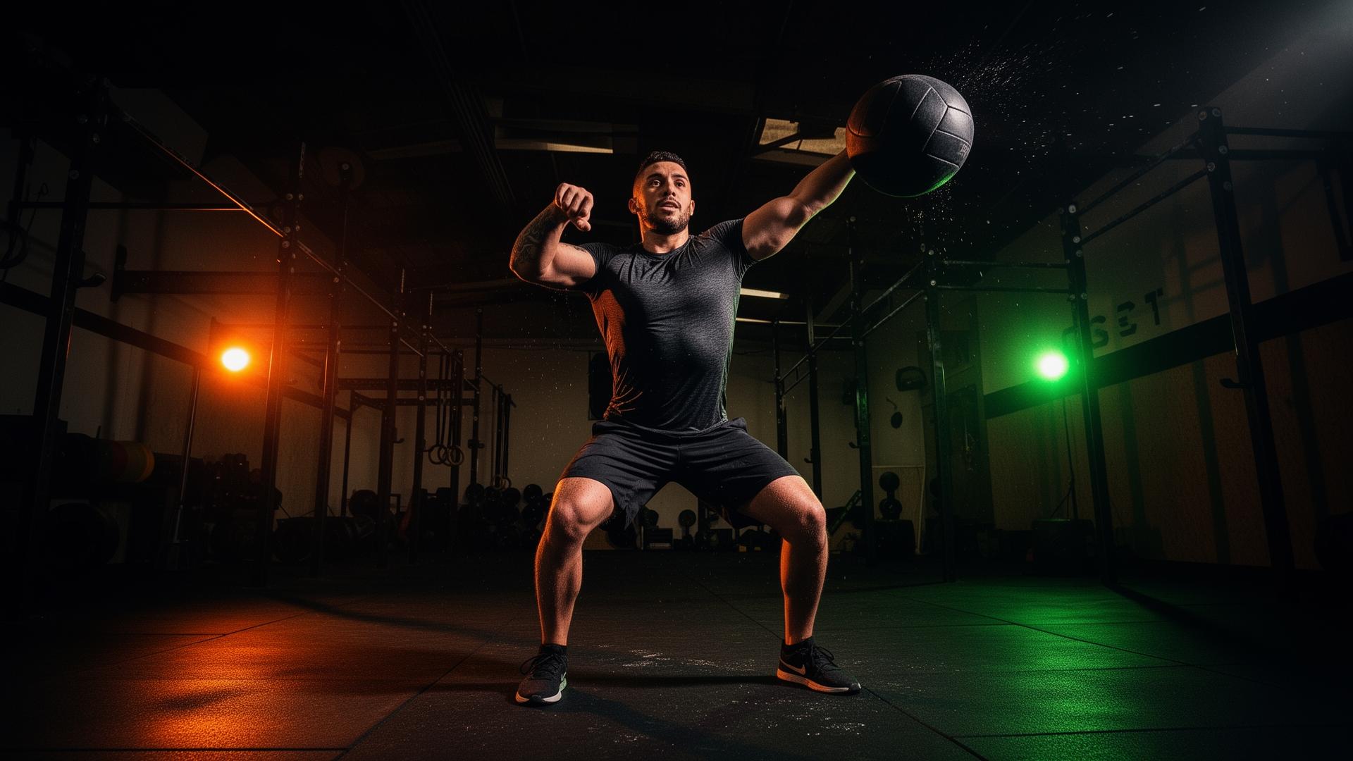 Atleta híbrido entrenando en gimnasio con wall ball