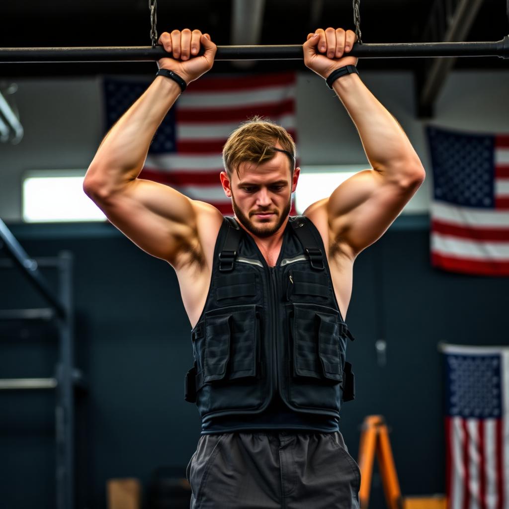 Atleta con chaleco lastrado ejecutando dominadas en un box de CrossFit