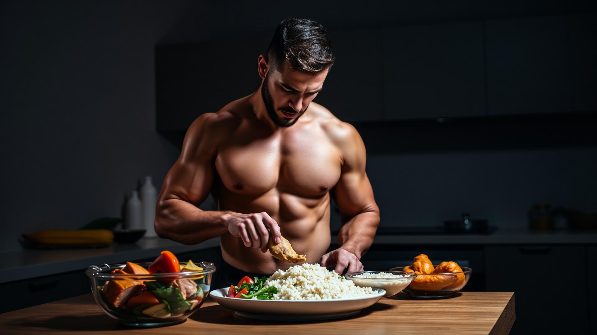 Atleta híbrido preparando comida saludable con proteínas y carbohidratos