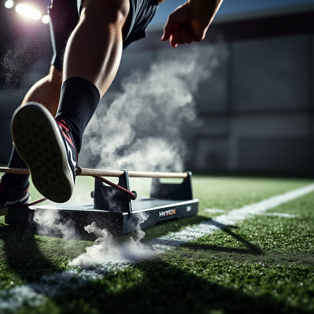 Atleta empujando un trineo Hyrox sobre césped artificial