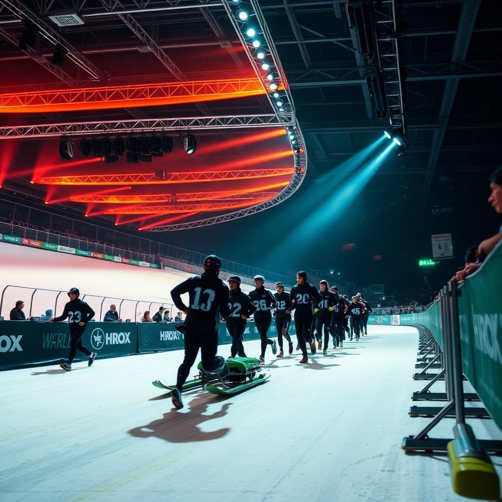 Arena Hyrox con atletas corriendo y estaciones iluminadas