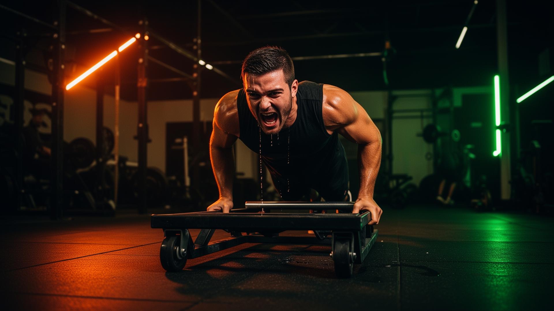 Atleta haciendo sled push en gimnasio