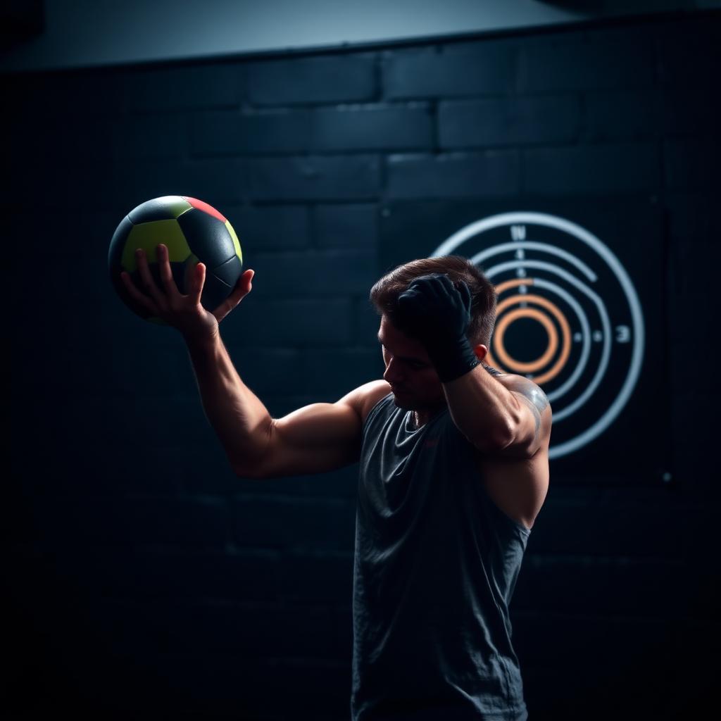 Atleta lanzando un balón medicinal a una diana en la pared